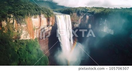 dramatic aerial view of a majestic waterfall cascading down a steep cliff, surrounded by lush vegetation and misty rainbows in the spray. Generative AI 105706307