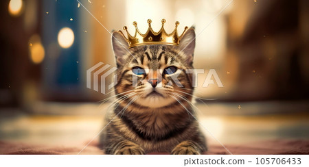 cat wearing a crown or holding a scepter, playfully portraying them as the "king" or "queen" of their domain on International Cat Day. Generative AI 105706433