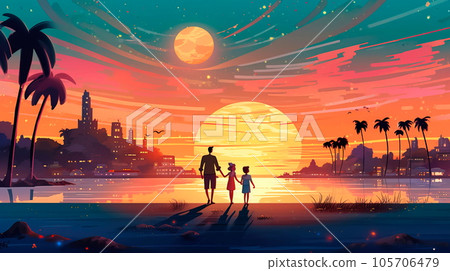 cartoon family spending time together in a park or on the beach. 105706479