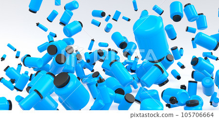 Flying and folling sport equipment like sport shaker and water bottles on white 105706664