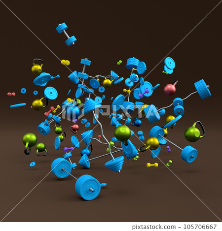 Flying and folling sport equipment like kettlebell barbell and dumbbell on black 105706667