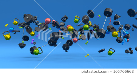 Flying and folling sport equipment like kettlebell barbell and dumbbell on blue 105706668