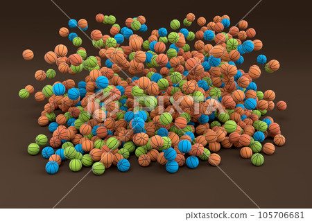 Many of flying multicolor basketball ball falling on black background 105706681