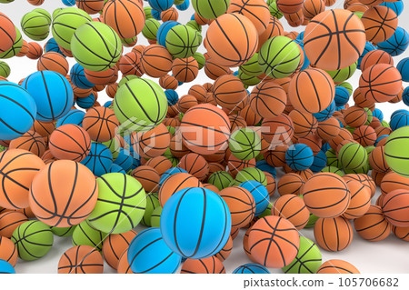 Many of flying multicolor basketball ball falling on white background 105706682
