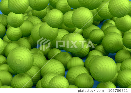 Many of flying green basketball ball falling on blue background 105706821