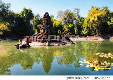 Jayatataka monument, originally a Hindu royal temple now infused with Buddhist symbols, located on an island in the heart of baray, reflecting the sacred Himalayan lake Anavatapta. 105706836