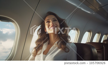 Beautiful young happy businesswoman sitting in the passenger seat of the plane. Portrait of a smiling beautiful businesswoman dressed in suit sitting in the plane by  window. 105706926