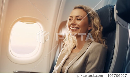 Beautiful young happy businesswoman sitting in the passenger seat of the plane. Portrait of a smiling beautiful businesswoman dressed in suit sitting in the plane by  window. 105706927