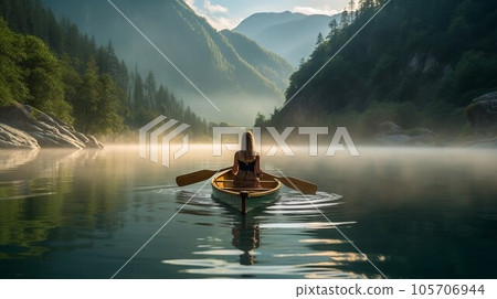 Woman paddling a canoe on a beautiful lake in the mountains at sunset with fog under water Woman paddling a canoe on a beautiful lake in the mountains at sunset with fog under water 105706944