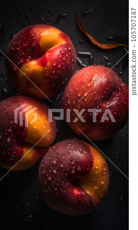 Juicy ripe sweet red purple peaches, nectarines fruit with large water drops fruit background useful healthy food, food wallpaper Juicy ripe sweet red purple peaches, nectarines fruit with large water drops fruit background useful healthy food, food wallpaper 105707187