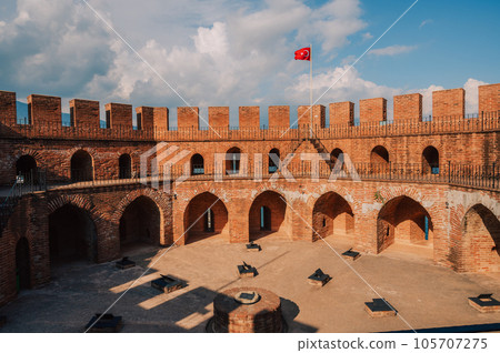 Upper part of the historical Red Tower Kizil Kule, in Alanya Castle 105707275