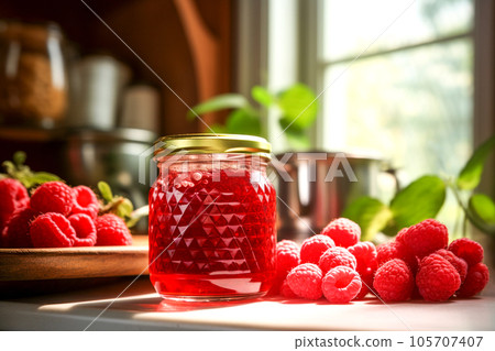 Homemade jam in a glass jar and fresh raspberries. AI generated 105707407