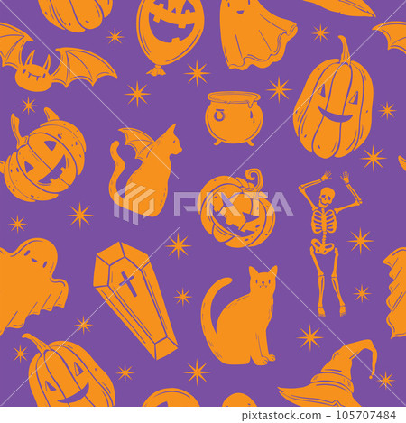 Halloween seamless pattern, vector Holiday spooky background, cartoon cute funny pumpkin, cat, stars Halloween seamless pattern, vector Holiday spooky background, cartoon cute funny pumpkin, cat, stars 105707484