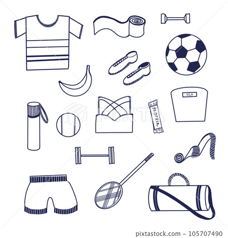 Set of illustrations. Sports equipment - tennis racket, bag, balls, jump rope, scales, water bottle, clothes, food drawn in vector on a tablet in dark blue. For print, design 105707490