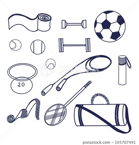 Set of illustrations. Sports equipment - tennis racket, dumbbells, bag, balls, jump rope, scales, water bottle, kettlebell drawn in vector on a tablet in dark blue. For print, design 105707491