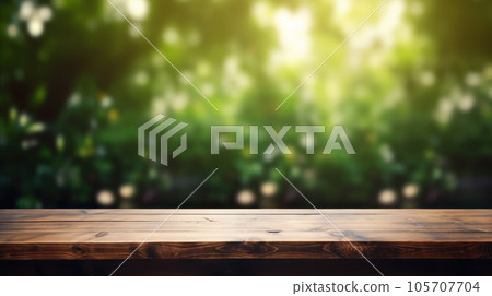 wooden table stage background and nature green blur bokeh 105707704