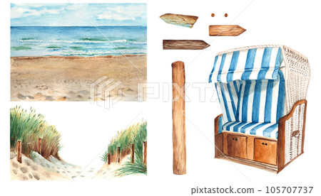 Watercolor Baltic sea set. Baltic sea beach with sand dunes, ostsee panorama, arrows trafic signs for signpost, hooded beach chair. 105707737
