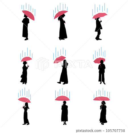 Illustration set silhouette material vector of a woman holding an umbrella on a rainy day Illustration set silhouette material vector of a woman holding an umbrella on a rainy day 105707738