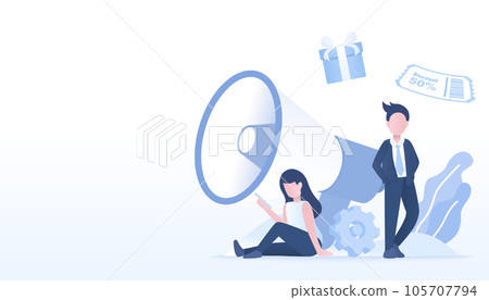 Digital marketing and advertising concept. Business people create content, online promotion, challenge campaign, feedback, customer loyalty, survey opinion. Flat vector design illustration. 105707794