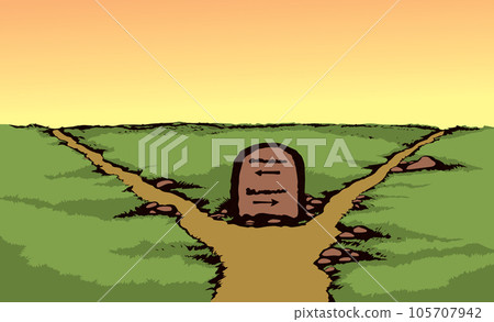 Vector drawing. Stone with an inscription on the crossroads Vector drawing. Stone with an inscription on the crossroads 105707942