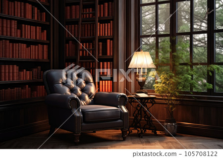 relaxing sofa in a room full of books 105708122