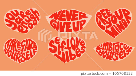 Groovy retro positive lettering in heart shape 105708132