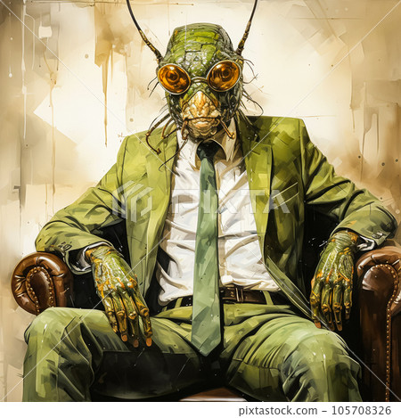 Grasshopper in an armchair in a green business suit watercolor 105708326
