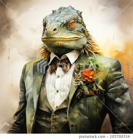 Chameleon groom in elegant business suit watercolor 105708334