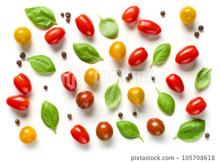 flat lay composition of various colorful tomatoes 105708618