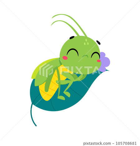Cute Green Grasshopper Character Lying on Leaf Vector Illustration 105708681