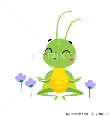 Cute Green Grasshopper Character Sit in Lotus Pose Meditate Vector Illustration 105708684