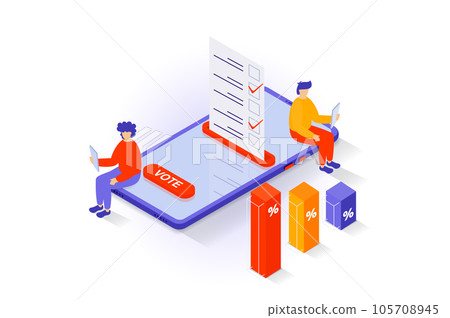 Election and voting concept in 3d isometric design. People vote in elections, calculating votes and make charts with exit polls and results. Vector illustration with isometry scene for web graphic Election and voting concept in 3d isometric design. People vote in elections, calculating votes and make charts with exit polls and results. Vector illustration with isometry scene for web graphic 105708945