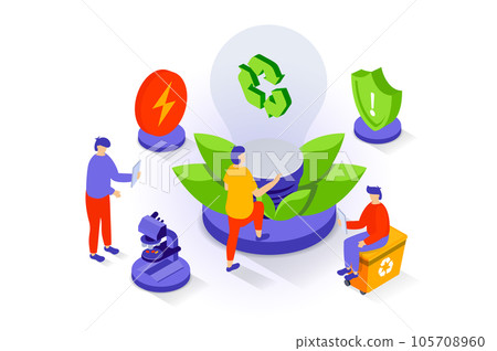 Eco lifestyle concept in 3d isometric design. People using renewable energy resource for generate electricity, recycle garbage, save planet. Vector illustration with isometry scene for web graphic 105708960