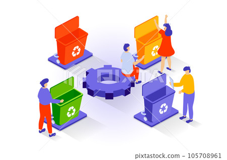 Eco lifestyle concept in 3d isometric design. People collecting and separating garbage in bins and using waste management for recycling trash. Vector illustration with isometry scene for web graphic 105708961