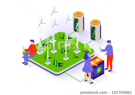 Eco lifestyle concept in 3d isometric design. People use wind turbines station to generate green electricity and charge and recharge battery. Vector illustration with isometry scene for web graphic Eco lifestyle concept in 3d isometric design. People use wind turbines station to generate green electricity and charge and recharge battery. Vector illustration with isometry scene for web graphic 105708962