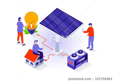 Eco lifestyle concept in 3d isometric design. People use solar panels to generate green electricity for smart homes and electric light bulbs. Vector illustration with isometry scene for web graphic 105708963