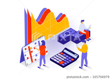 Business and marketing concept in 3d isometric design. People calculating budget and making financial report, creating developing strategy. Vector illustration with isometry scene for web graphic 105708979