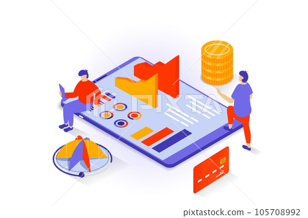 Business and marketing concept in 3d isometric design. People researching data at charts dashboard, accounting, creating strategy and advert. Vector illustration with isometry scene for web graphic 105708992
