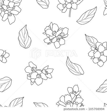Seamless pattern with leaves and flowers. Outline of plant on white background. Vector illustration for textiles, design. 105708994