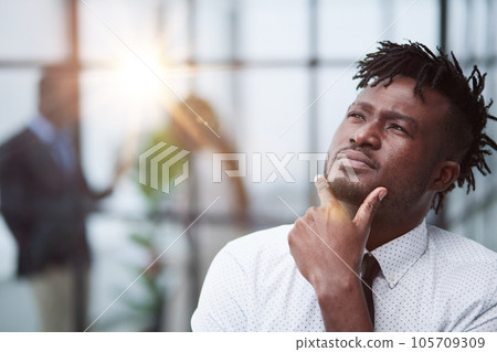 Portrait African American single bachelor male. Successful millennial wellbeing person concept Portrait African American single bachelor male. Successful millennial wellbeing person concept 105709309