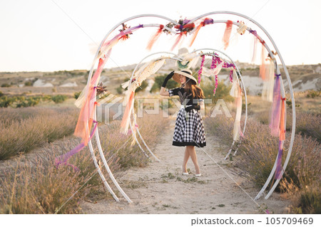 beautiful girl in a retro dress posing on a lavender field with decorations beautiful girl in a retro dress posing on a lavender field with decorations 105709469