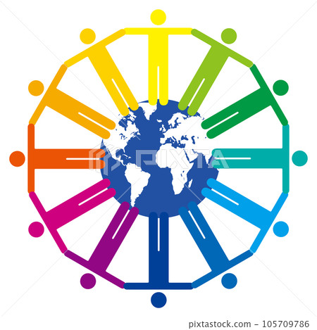 Pictograms of people holding hands around an illustration of the earth are color wheel infographics 12 colors 105709786