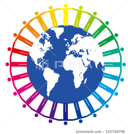A pictogram of people holding hands in a circle around an illustration of the earth Color wheel infographics 24 colors 105709796