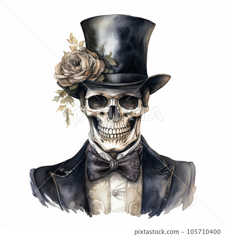 Watercolor hand drawn skeleton groom illustration. Dead skull of men black hat, rose, isolated on white background. Wedding and Valentines day concept. Watercolor hand drawn skeleton groom illustration. Dead skull of men black hat, rose, isolated on white background. Wedding and Valentines day concept. 105710400