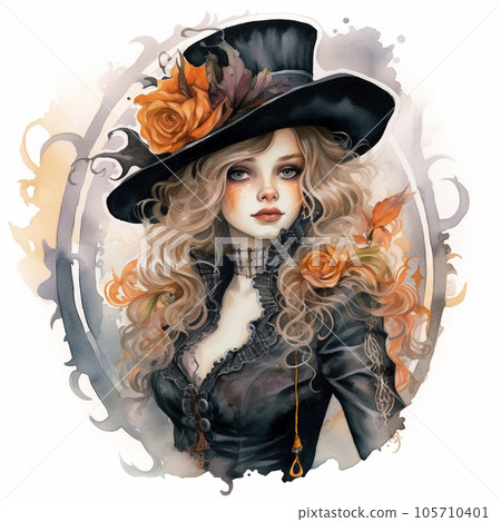Victorian witch watercolor illustration. Halloween clipart, isolated. Victorian witch watercolor illustration. Halloween clipart, isolated. 105710401