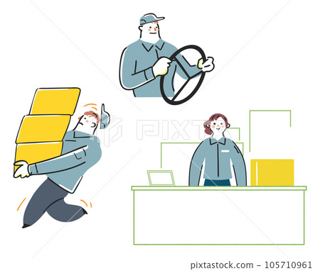 忙於接貨工作的卡車司機和接待處的女員工設置插畫素材 105710961
