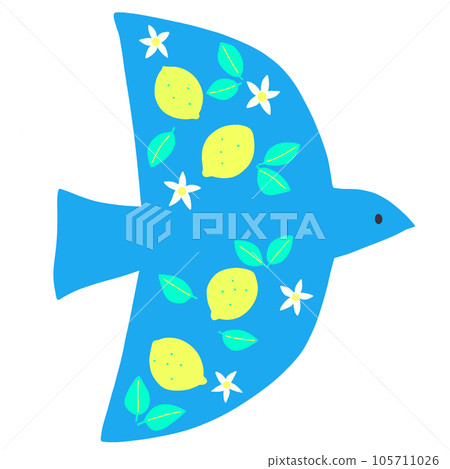 Blue flying bird with pattern of lemons and flowers Blue flying bird with pattern of lemons and flowers 105711026