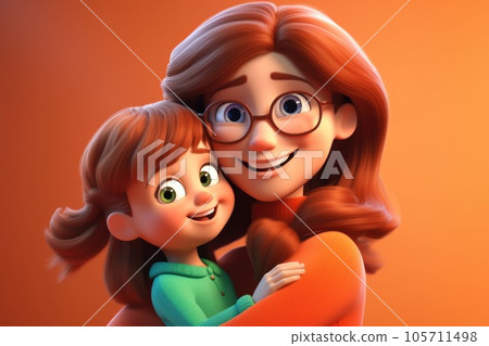 Mother hugging daughter, love, family, together, 3d animation render, AI generated art, mom with glasses, kid, parenting, birthday 105711498