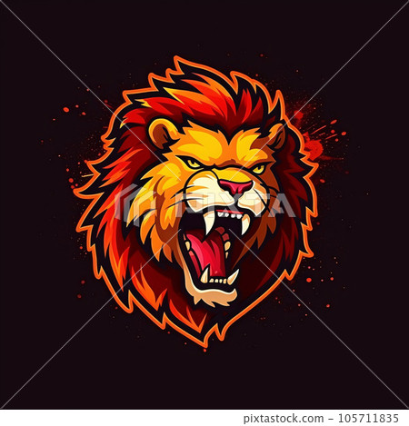 a fiery colorful lion head logo on a black background - generative AI, AI generated 105711835