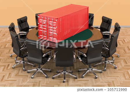 Round table with cargo container and armchairs around, 3D rendering 105711990